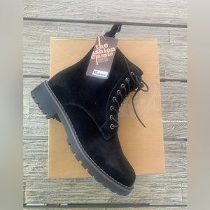 Women’s Suede Combat Boots, Lace Up Ankle Boots w/ Side Zipper, Black, Sz 5